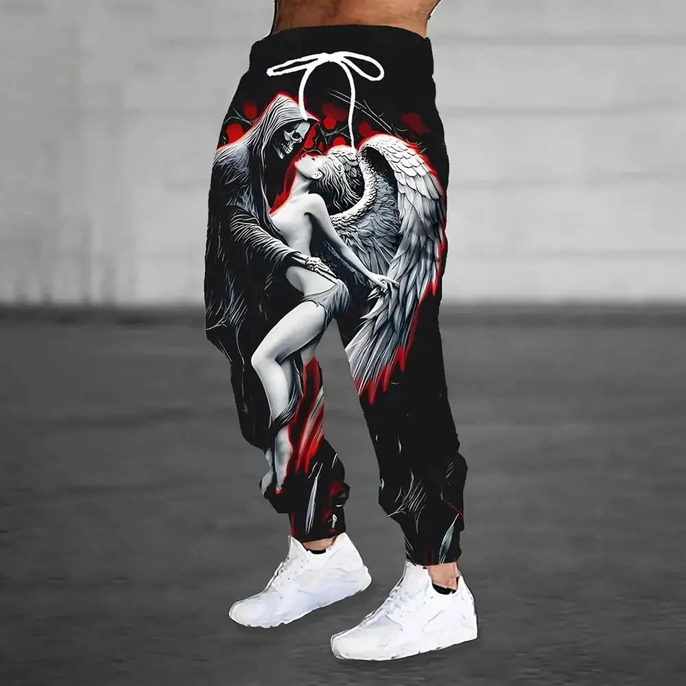 Men's casual jogging pants with cuffs, angel and devil print design, suitable for outdoor wear, autumn and winter fashion