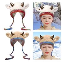 Christmas Deer Storage Hat Festive for Adults Women,Handbag Holiday Accessory Foldable Crochet,Warm Knitted Reindeer Beanie Bag
