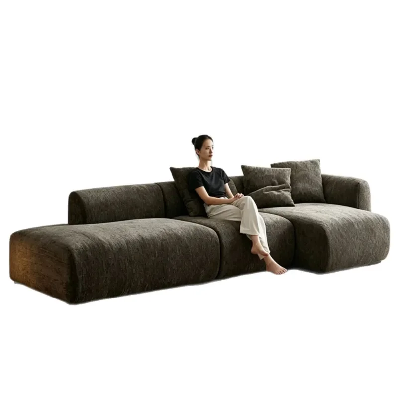 Chenille Velvet Fully Detachable Washable Tofu Block Curved Fabric Straight Row Large White Sofa for Living Room