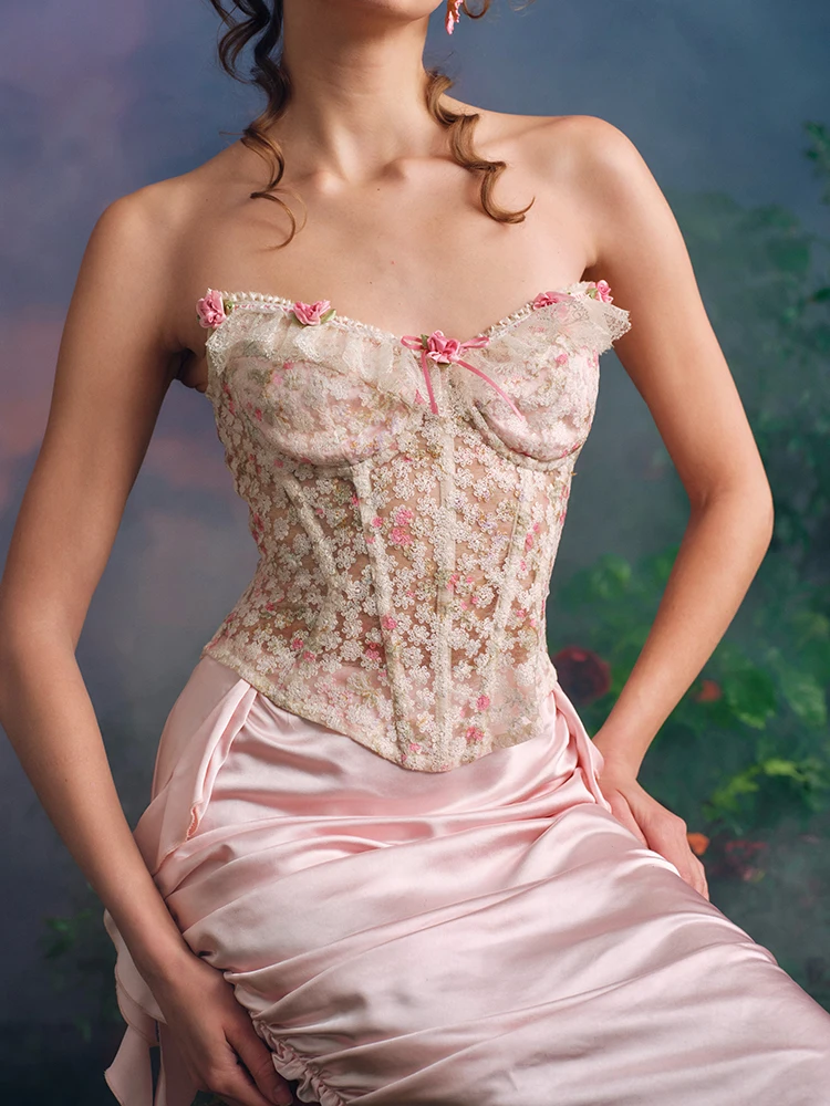 LaceMade Orginal Design Fairytale Heavy Florals Embroidery Lace Fishbone Tube Top and Pink Mermaid Lace Midi Skirt 2pcs Set view 2