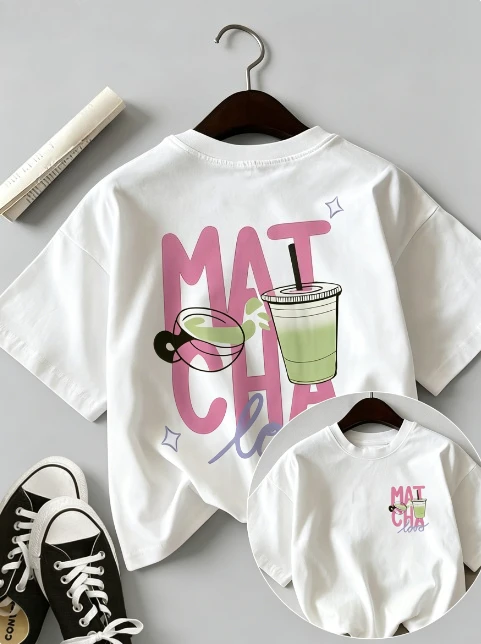 Summer Casual Cartoon Style Drinks Stars Love Print Round Neck Sleeved T-Shirt Harajuku Short Sleeve Casual Aesthetic Clothe