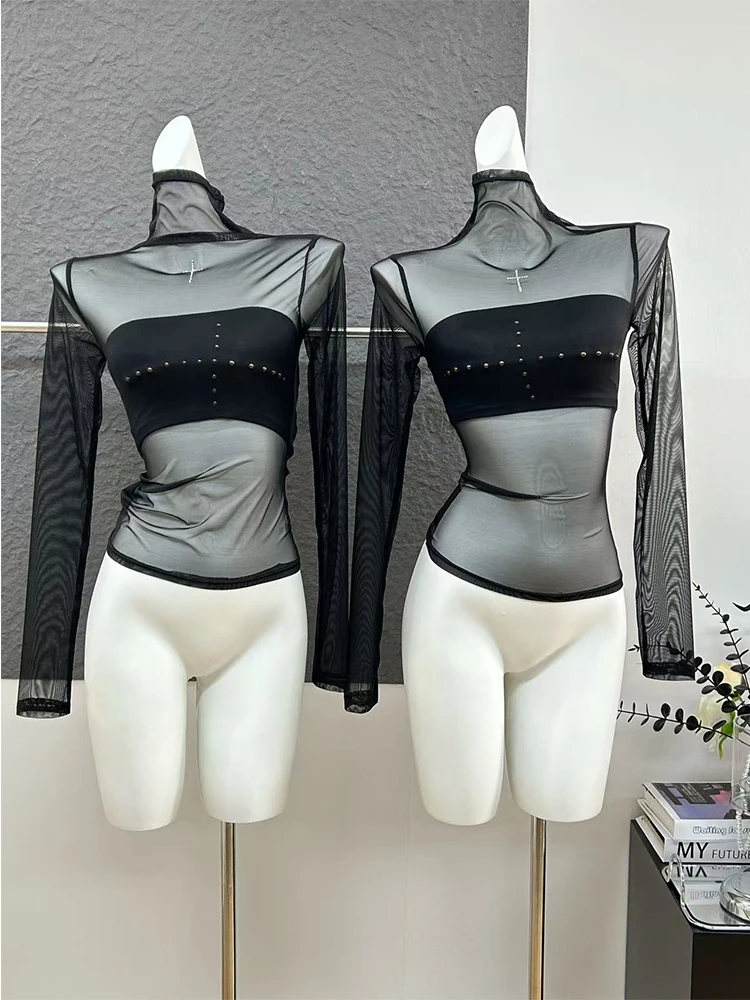 2025 Spring Women Cyber Punk Two Piece Sets Mesh Crop Top Coquette 2000s Aesthetic T-Shirt Tees Gyaru Y2k Dark Academia Hot Sexy