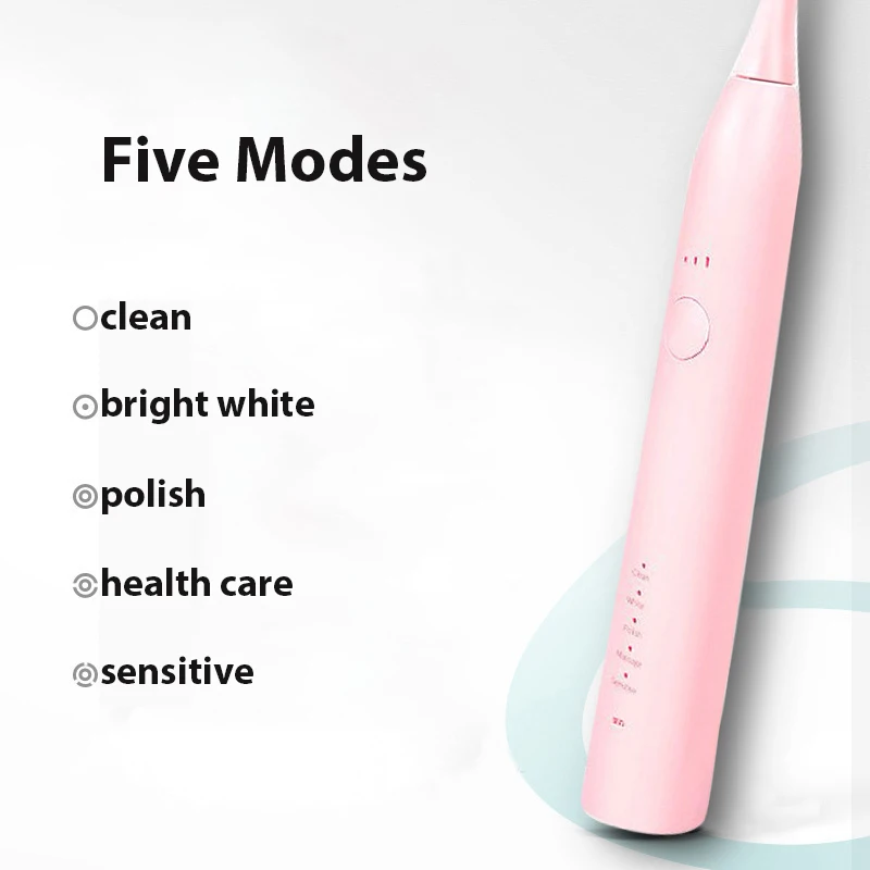 Electric Toothbrush Rechargeable Sonic  5 Mode 15 Gears Travel USB Charging  With 2 Brush Head Gift