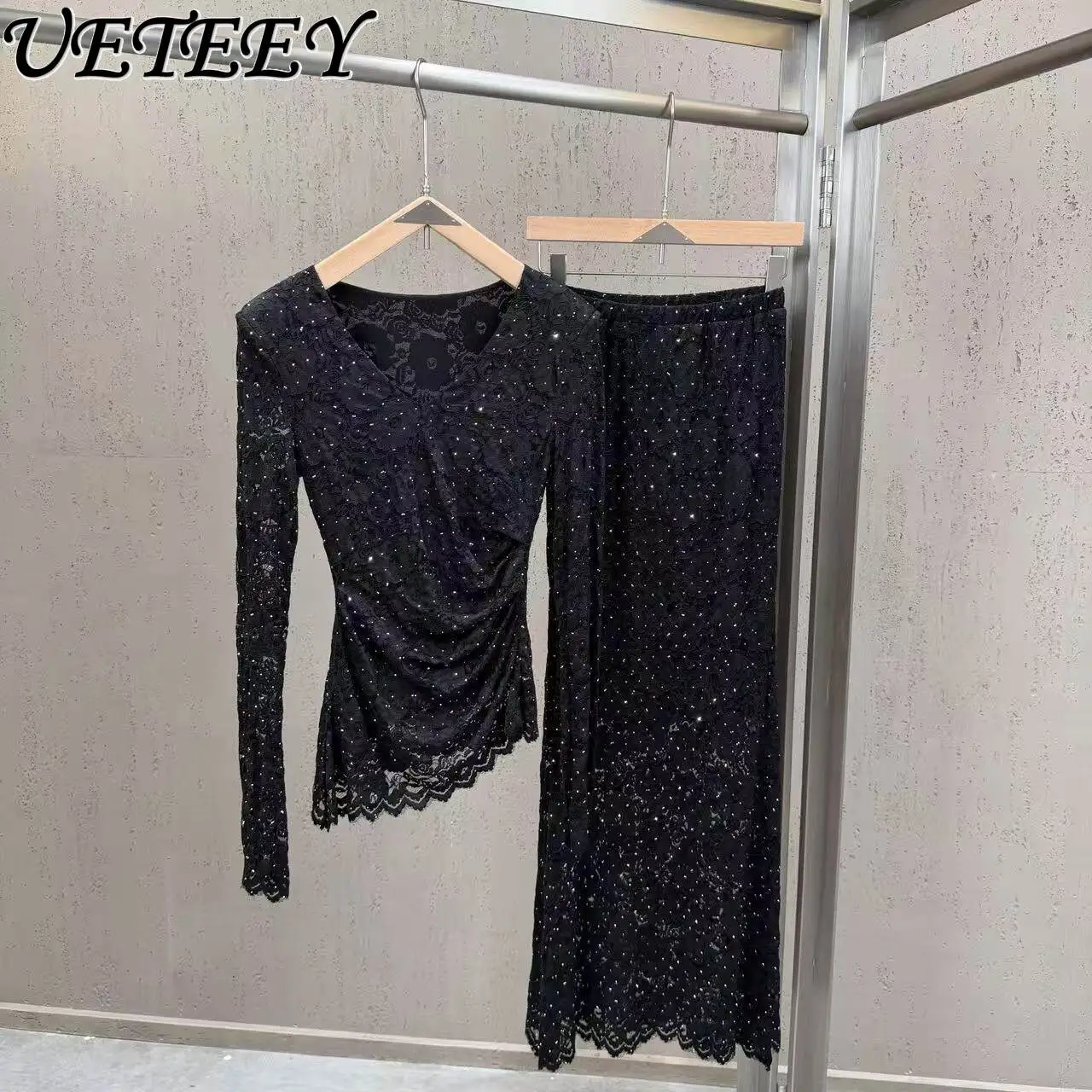 

2026 Spring/summer French-inspired Lace Rhinestone V-neck Long Sleeve Blouse and Elastic High-waisted Midi Skirt Black Set
