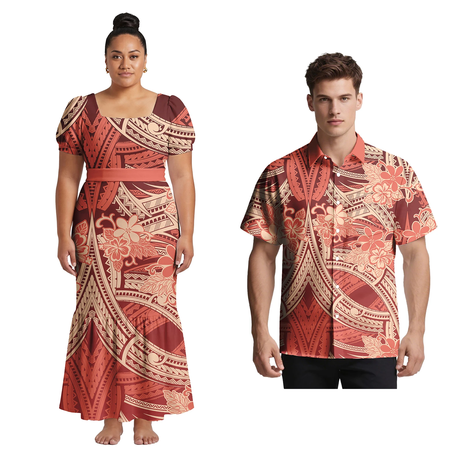 Brand New Custom Couple Clothes Samoan Tribal Plus Size Men Shirts Hawaiian Dress for Women Polynesian Party Prom Couple of Set - view 3