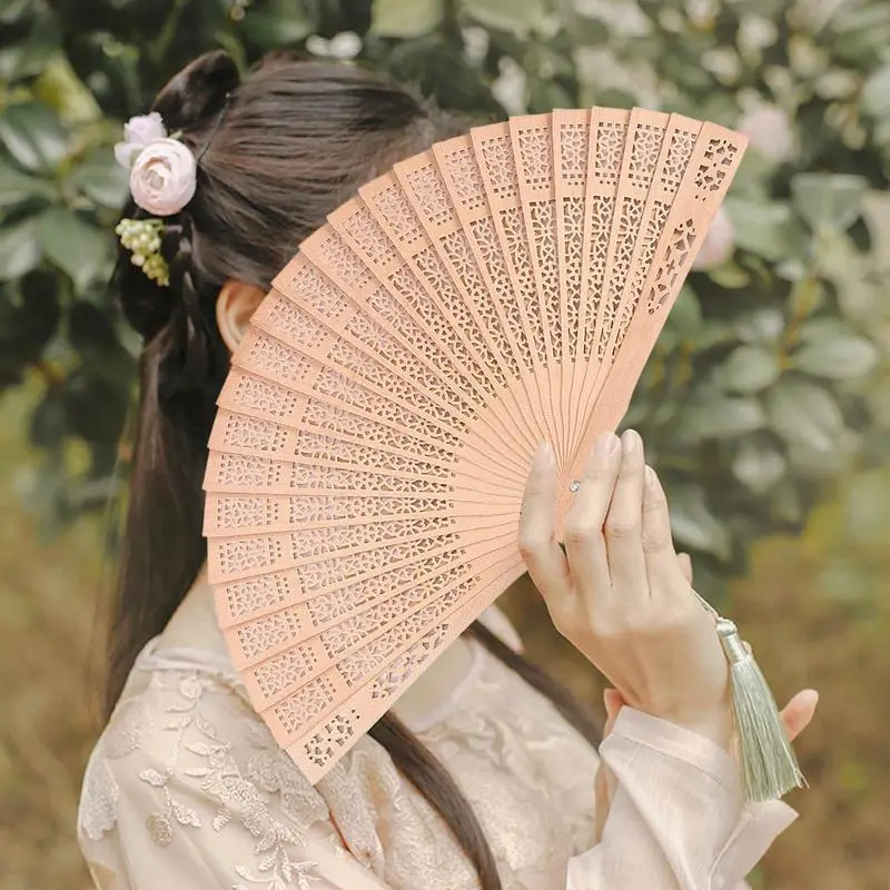 Fully Fragrant Wood Fan Retro Folding Fan Hollow Craft Chinese Style Wedding Return Gift Wooden Imitation Sandalwood Fan