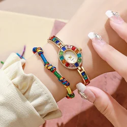 2PCS/Set Luxury Women Watches Fashion Rhinestone Ladies Bracelet Band Quartz Watch Rope Bracelet Set Reloj Mujer(Without Box)