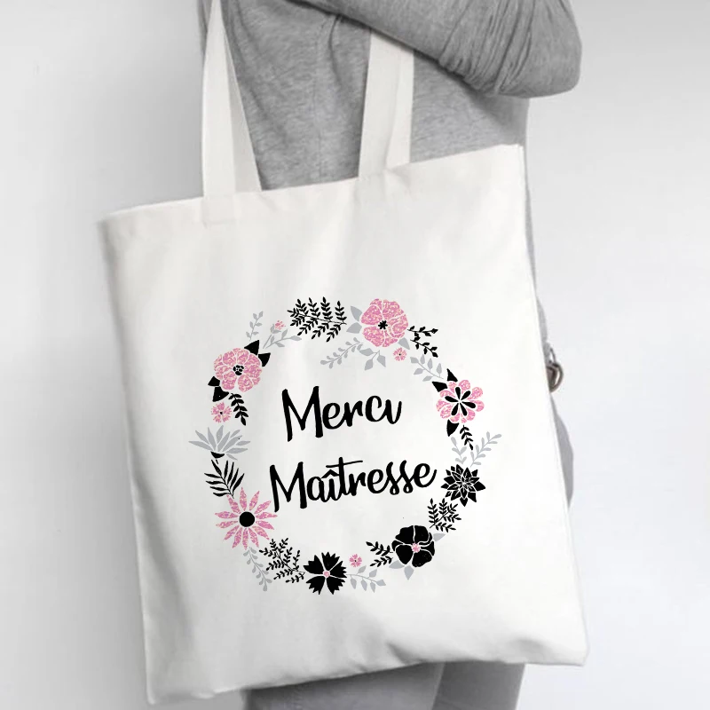 Bolso de hombro de lona con estampado francés para mujer, bolsa de viaje ecológica reutilizable, para guardar libros, regalos para profesores