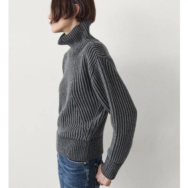 

New Autumn Winter Women's Lazy Sle ort High Collar Color Blo Knit Sweater Loose Fit Long Sve Polyester Fiber