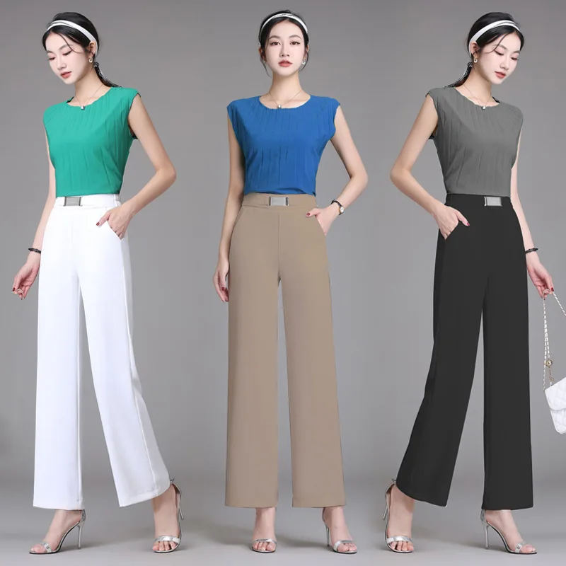 

2023 Early Spring Thin New Women's Ice Silk Trousers Wide Leg Pants Loose Drooping Slimming High Waist Fashion Straight Pants