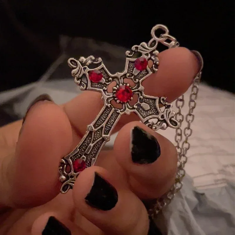 Y2K Punk Crystal Big Cross Pendant Necklaces for Women Men Gothic Irregular Cross Clavicle Chain Necklaces Aesthetic Jewelry image 3