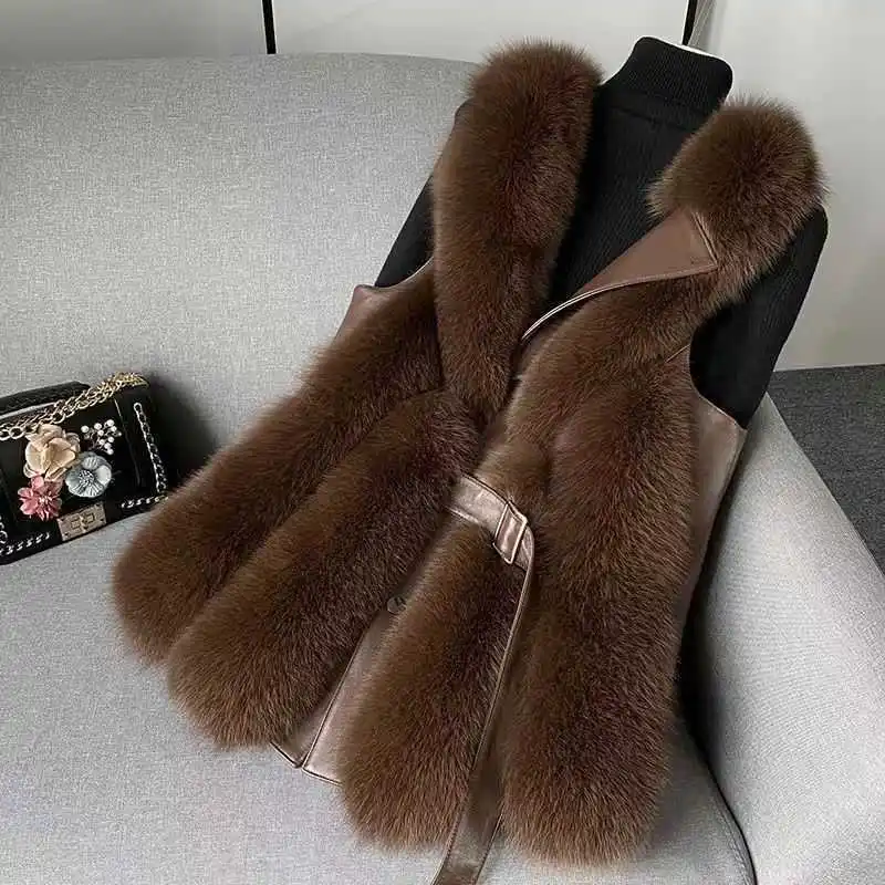 

Faux Fox Fur Vest Coats Women Solid Jacket Belt V Neck Sleeveless Slim Fit Thick Warm Fur Office Lady Elegant Casual 2025 Winter