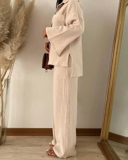 Two Piece Set Women Outfit 2023 Autumn New Fashion Casual Solid Color Wrinkle Long Sleeve Shirt High Waist Wide Leg Trouser Set