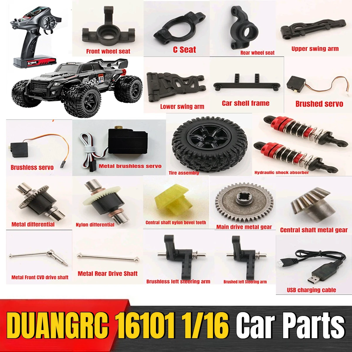 DUANGRC 16101 1/16 Remote Control Car Parts Steering Seat C Servo Wheel Seat Car Shell Differential Drive Shaft Shock Absorber