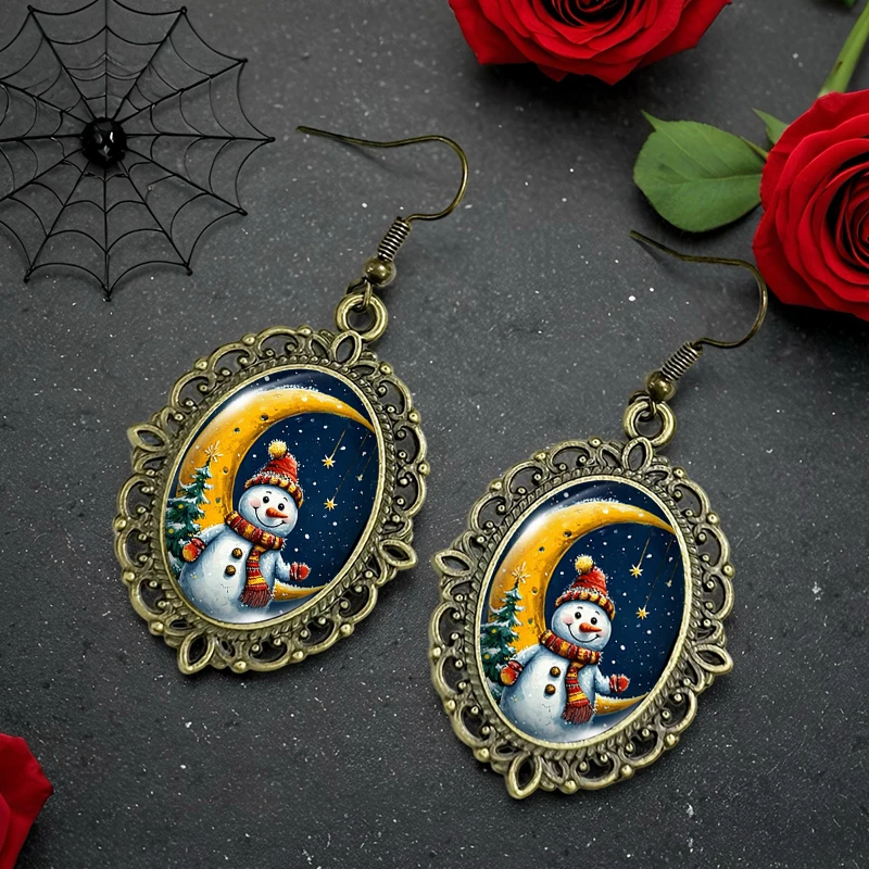 لطيف ثلج وكريسنت صورة البيضاوي الزجاج كابوشون زهرة على شكل خطاف الصيد أقراط الهدايا اليدوية