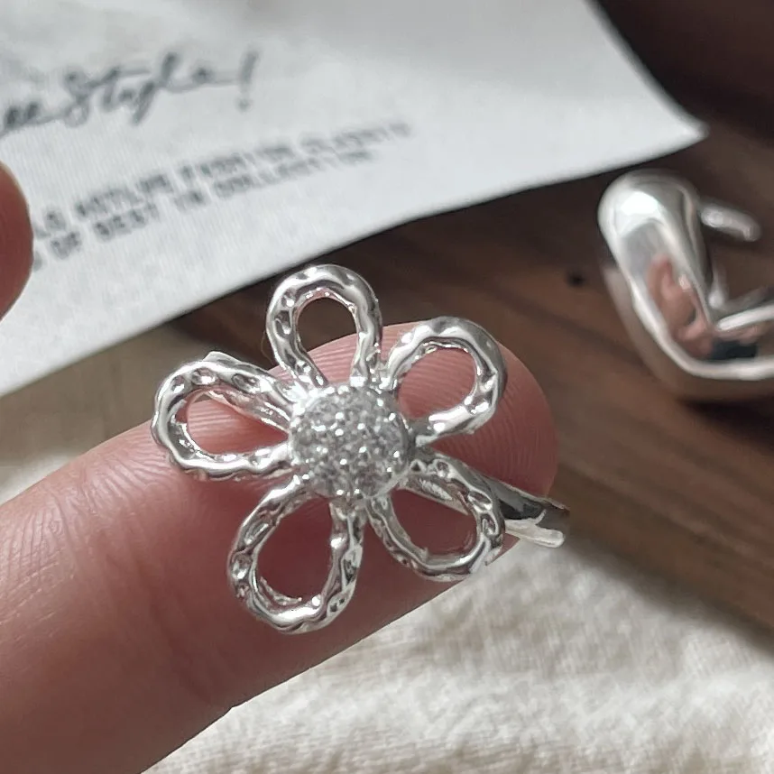 خواتم من الفضة الإسترليني عيار 925 للنساء مجوهرات راقية هندسية قابلة للتعديل خاتم على شكل قلب بسيط على شكل زهرة لهدية أعياد الميلاد للحفلات #5