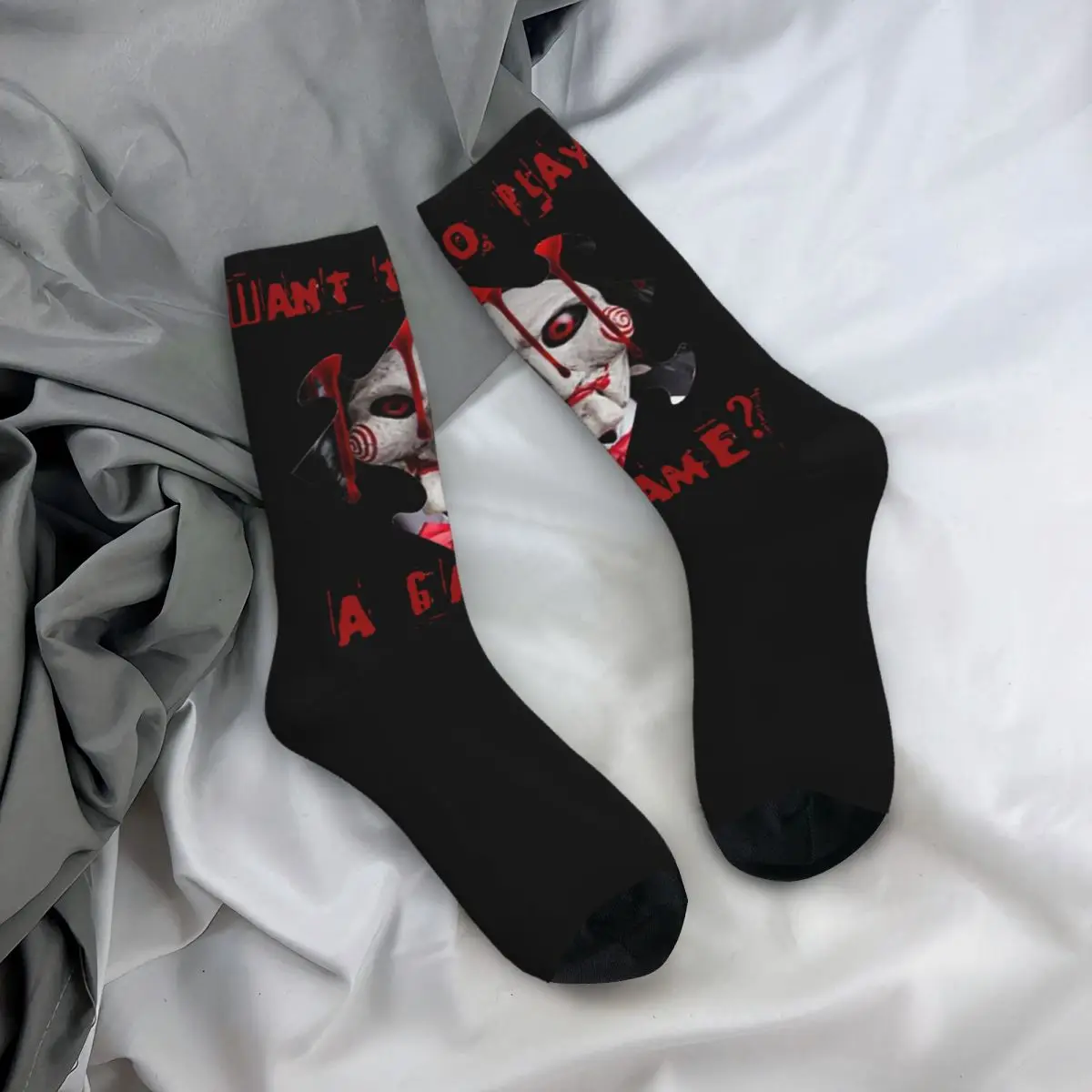 Hip Hop Retro Jigsaw Billy The Puppet Crazy Men\'s Socks Unisex Saw Horror Film Harajuku Pattern Printed Crew Sock Boys Gift