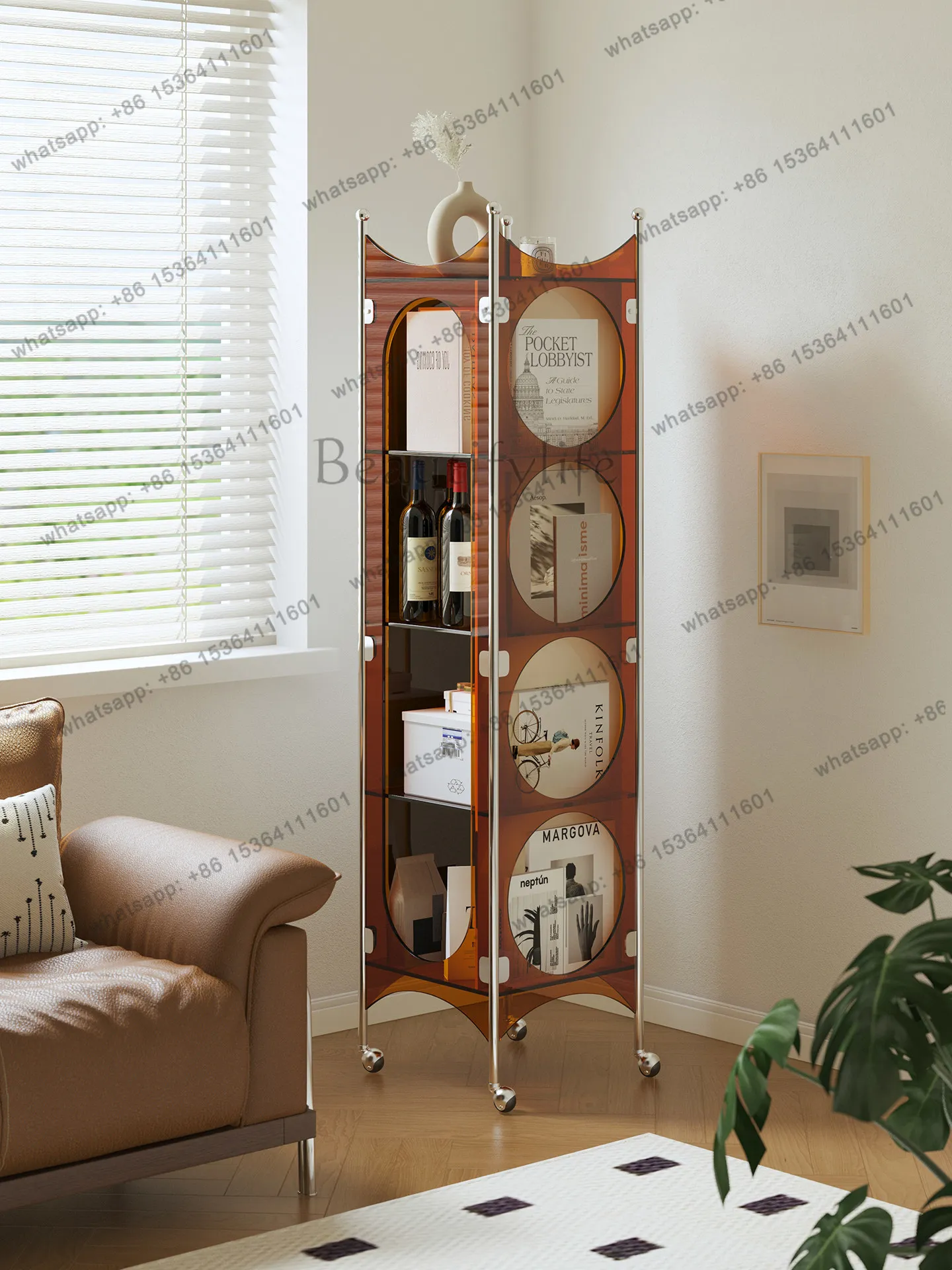 

Medieval style full body frame removable retro floor mobile bookshelf integrated display storage mirror cabinet