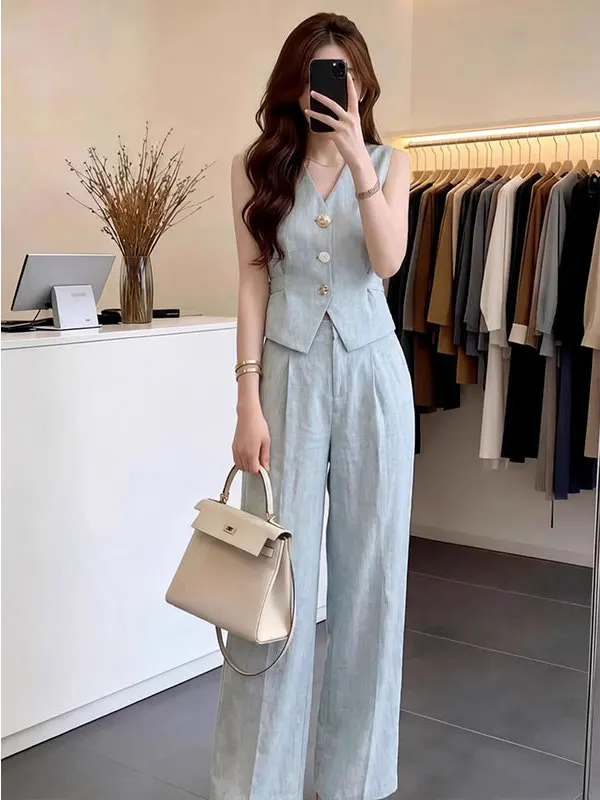 Fashionable Casual Commute Women's Set Summer New High Waist Wide Leg Pants Vest Two Piece Suit Slimming Effect V Neck Button up