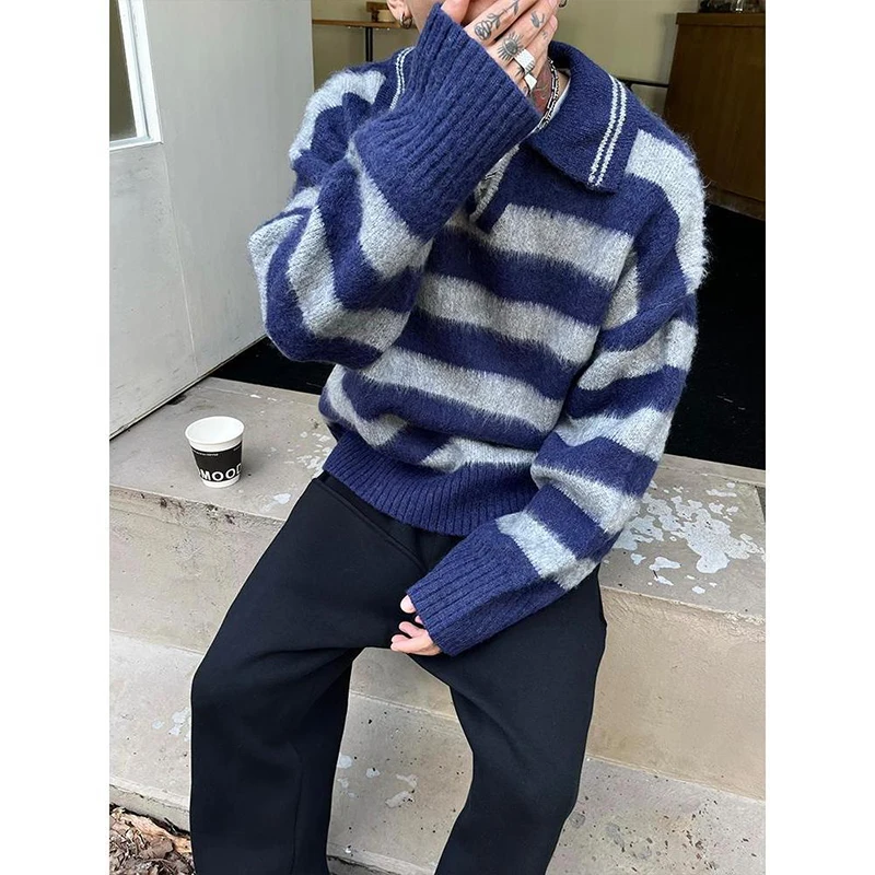 Winter Striped Print Men Long Sleeve V Neck Sweater Hit Color Keep Warm Fashion Casual Youthful Vitality 2xl Oversized Clothing