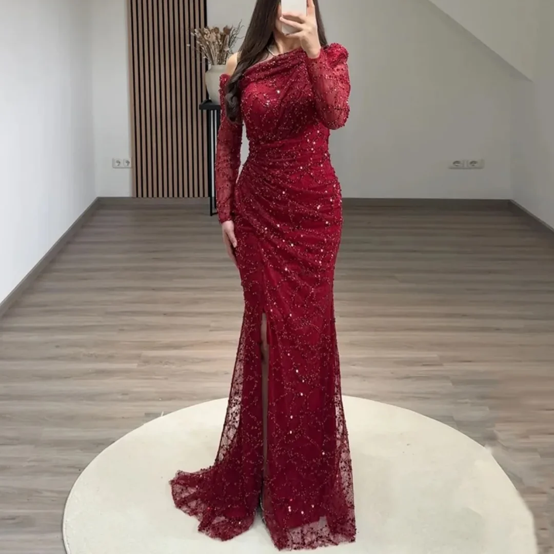 

Sexy One Shoulder Long Sleeve Sequined Trumpet Prom Gown Split Dancing Party Dresses Mermaid Evening Dress Customized
