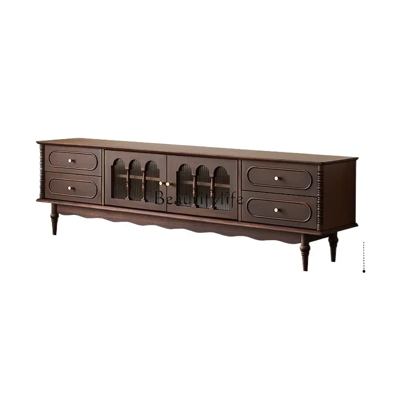 

Nordic solid wood TV cabinet, black walnut color retro simple home TV cabinet