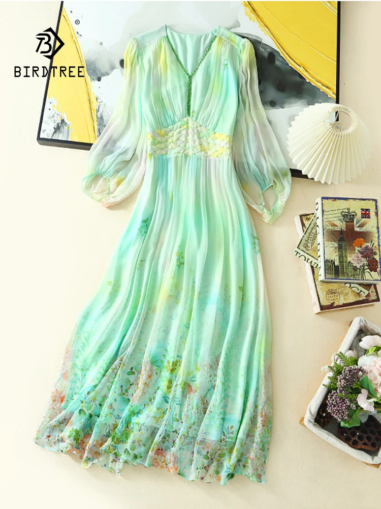 

BirdTree, 100%Real Silk Elegant Dresses, Women Long Sleeve U Neck Printed, OL Bead Vacation Fairy Dress, 2024 Summer D46946QC