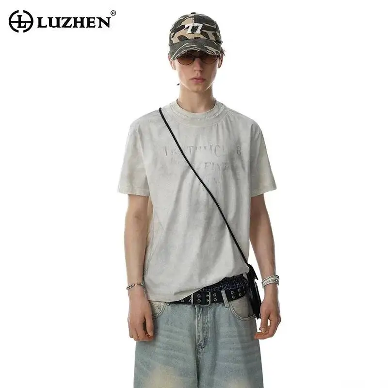 LUZHEN 2026 Summer Original Wornout Letter Printed Short Sleeve T-shirt Men's Fashion High Quality Round Neck Casual Tops JY7767