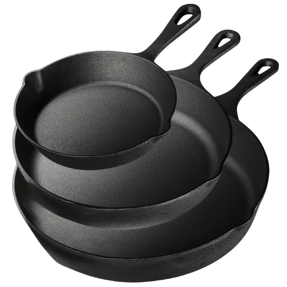 Juego de sartenes de hierro fundido de 3 piezas (6/8/10 pulgadas) sartenes preazonadas y resistentes para horno, parrilla y fogata, calor uniforme, superficie antiadherente