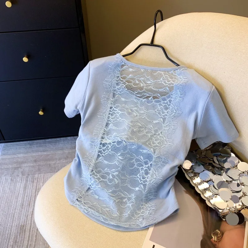 2026 Spring and Summer Temperament Elegant Clothing Versatile and Thin Short T-shirt Slim Backless Lace Design Foreign Style Top