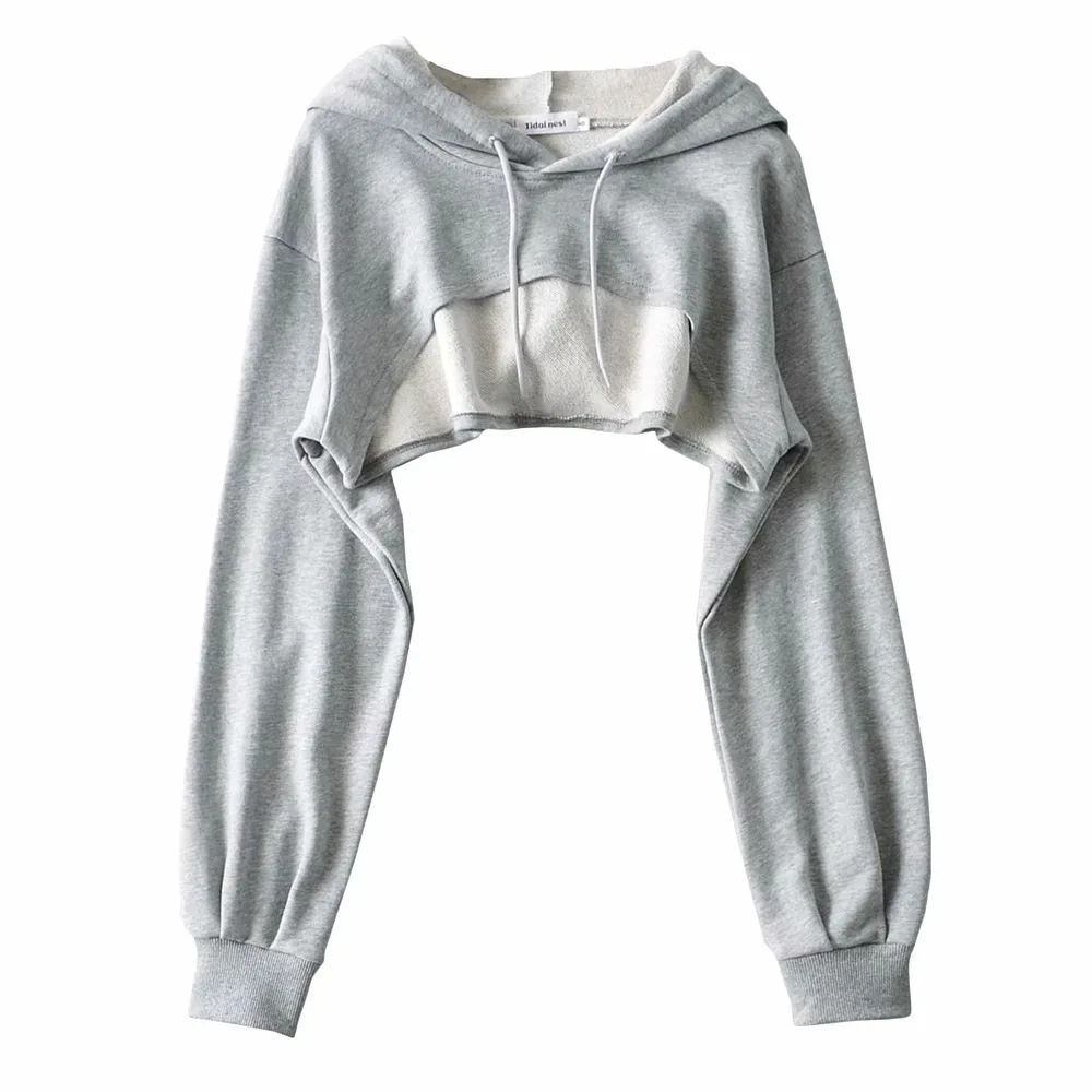 Short Hoodies Streetwear Women Solid Long Sleeve Casual Hoodied Tops Ladies Korean Fashion New Chic Loose Crop Sweatshirts 후드집업