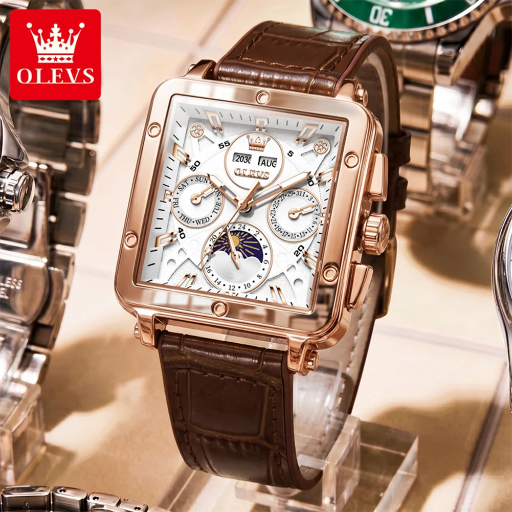 OLEVS 6749 Men Automatic Mechanical Watch Multifunction Moon Phase Square Dial Leather Strap Luxury Business Wristwatch