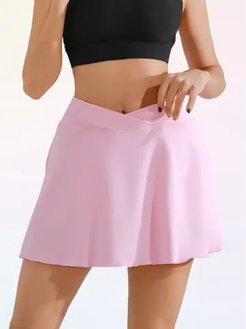 【Sommar Active Skort】Damtenniskjol med hög midja och inbyggda shorts, andningsbar, torr passform och fickor, rosa 10 best sales gymnastikkjol - №3