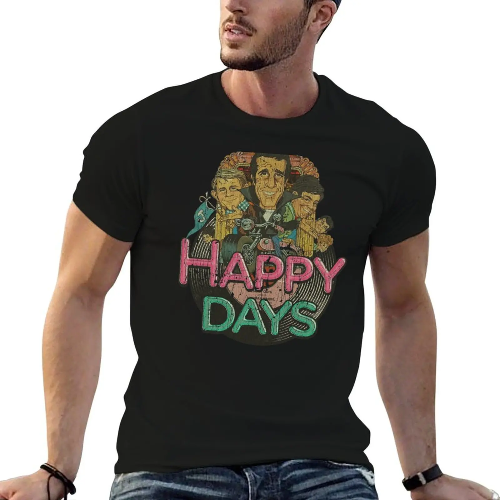 تي شيرت Happy Days للرجال، تي شيرت قطني للرجال برسوم جرافيك
