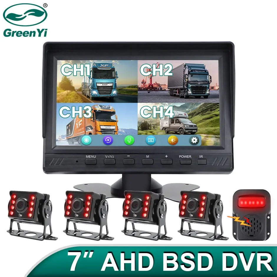 GreenYi AI Smart Blind Spot Radar Alarm 7 Inch Car Monitor 4CH Split Screen DVR Recorder For Truck Bus RV Vans Trailer IR Camera