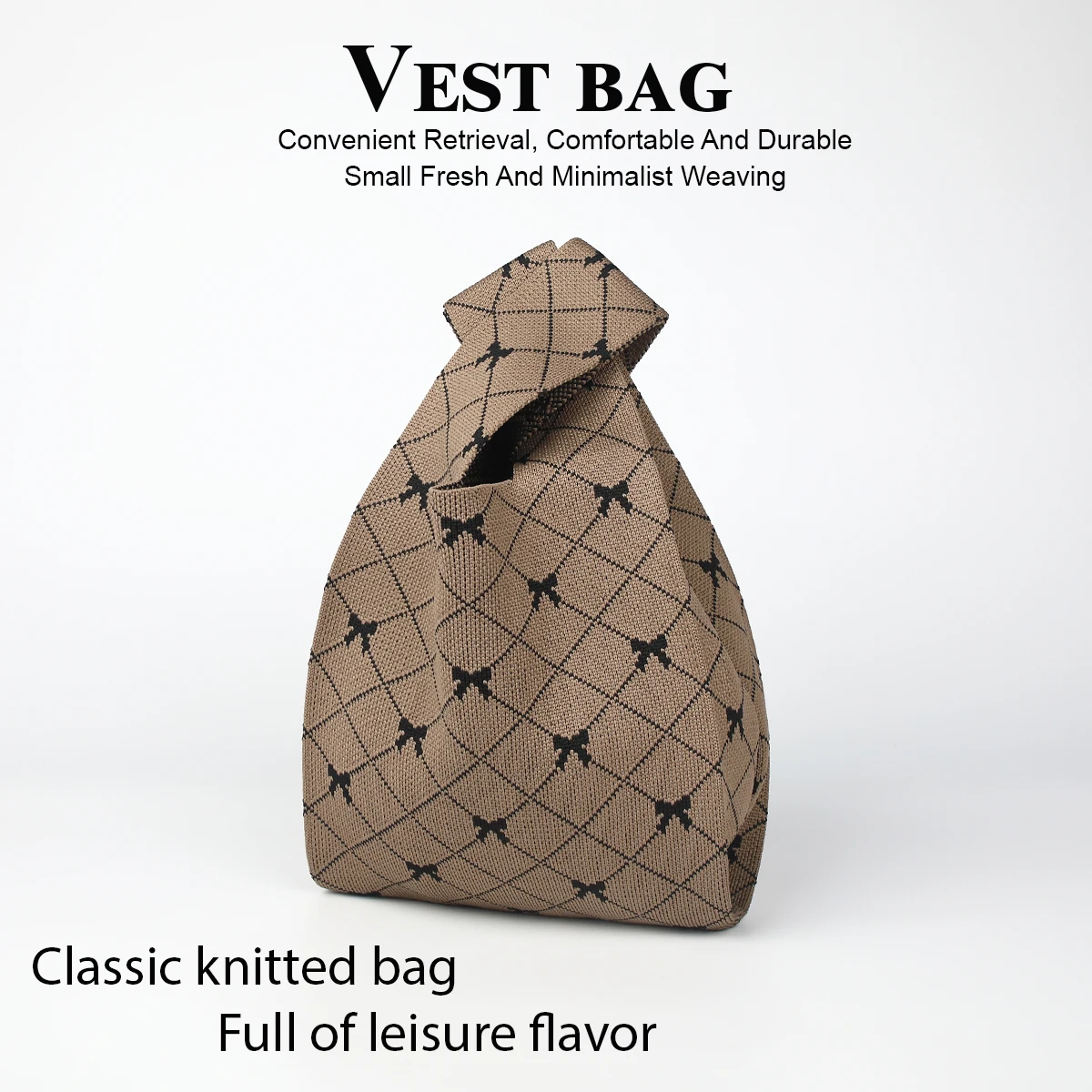 

Дышащая вязаная сумка с изысканными маленькими полосками в виде банта, складная и прочная трикотажная ткань, переноска с мобильными телефонами, ключами, помадой, косметика, чайники для воды, подходит для повседневной рабочей одежды, путешествий и отпуска,