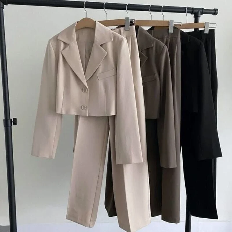 Kimotimo Women Solid Two Piece Sets Korean Chic Casual Turn-down Collar Short Blazer Coat + High Waist Wide Leg Long Pants Ins