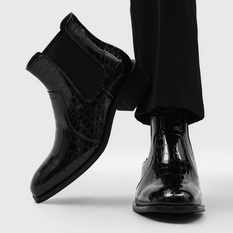 Autumn Winter Men Checkered Indentation Chelsea Boots Elastic Band High-end Feel Business Leisure Commuting Fashion Boots