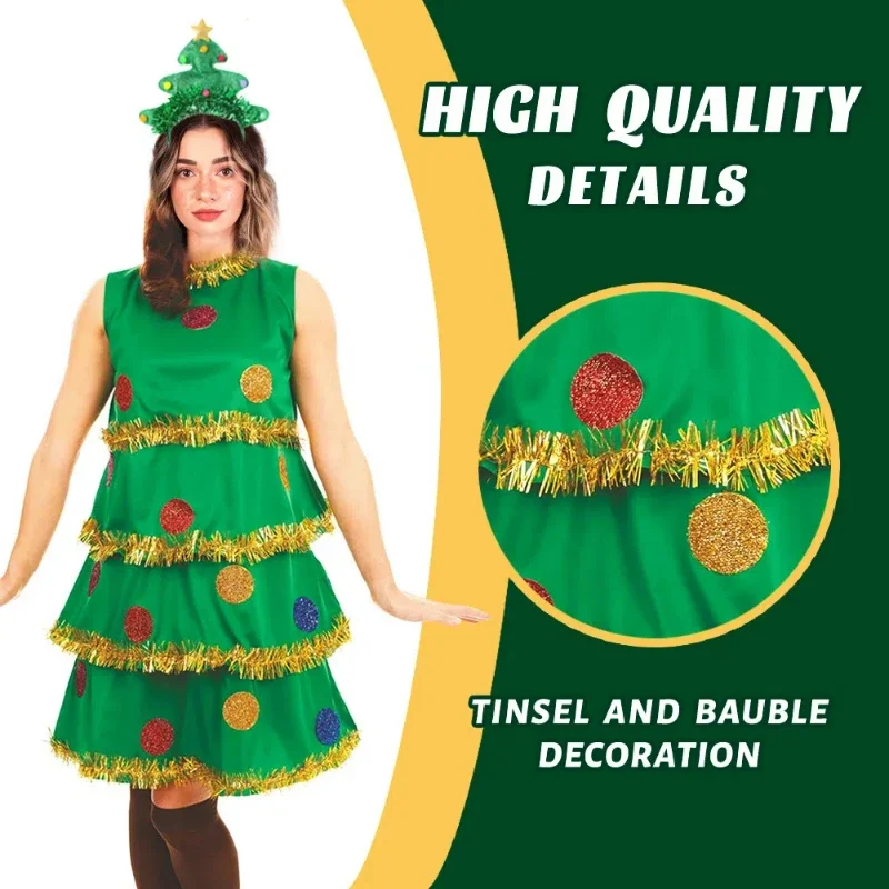 Weihnachtsbaum-Rollenspiel-Kostüm für Damen, grün, plissiert, ärmellos, Kleid, Stirnband, Socken, ausgefallenes Set, Weihnachts-Outfit für Erwachsene