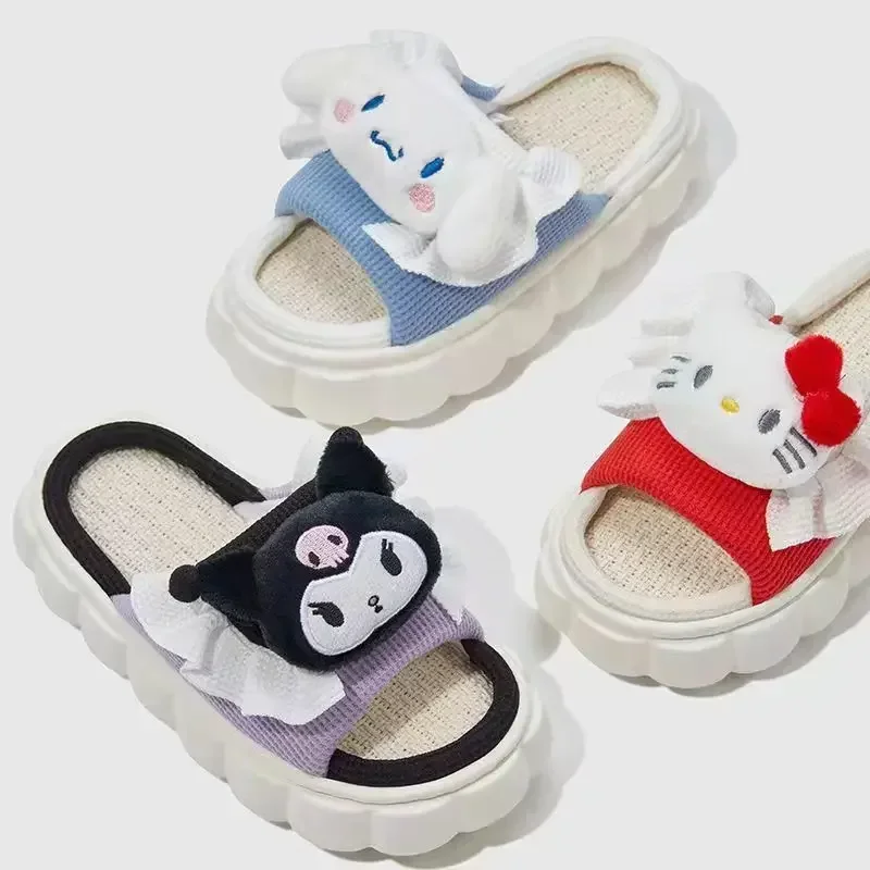 Sanrio Kuromi Cat Cat Linen Slippers Four Seasons Universal Indoor Home Cotton Linen Sandals Cute Cartoon Breathable Slippers