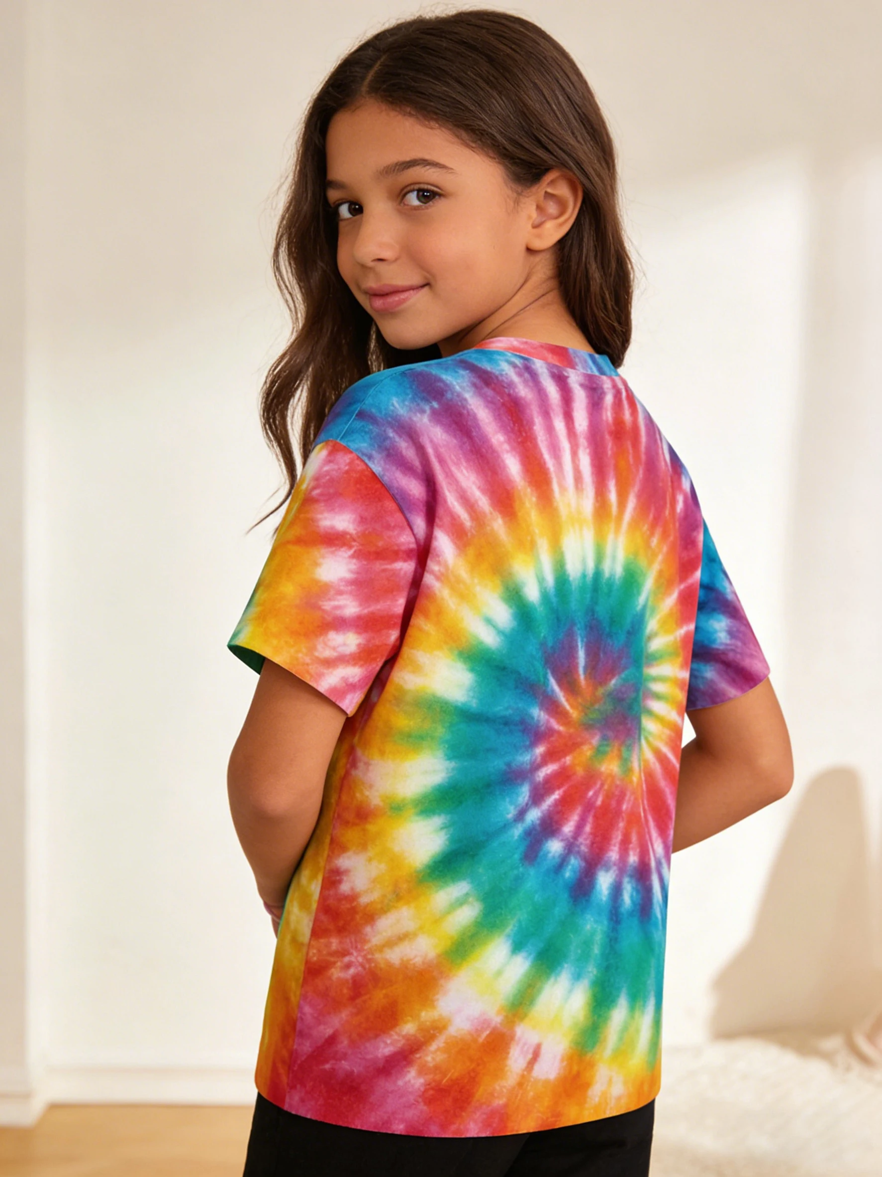 Eye-catching vitality children's tie-dye, printed T-shirt, colorful rainbow tones, silky soft fabric