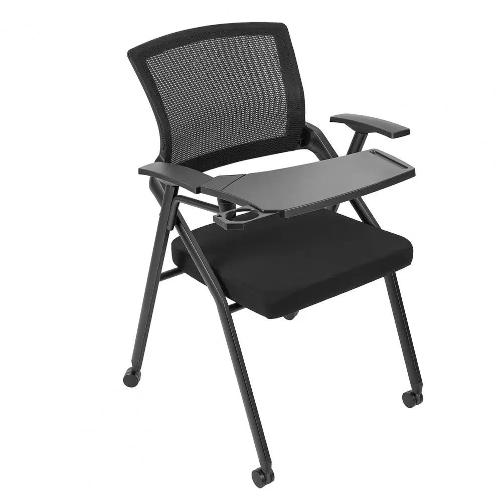 Foldable Stackable Office Chair With Writing Tablet Ergonomic Mesh Back Armrest PU Wheels Padded Seat Black For Conference
