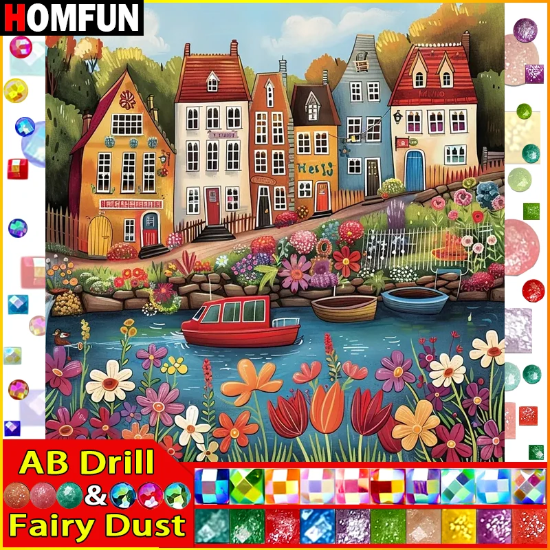 

HOMFUN Fairy Dust AB Diamond Embroidery "Scenery House Flower" Pattern DIY 5D Diamond Painting Needlework Full Drill Painting