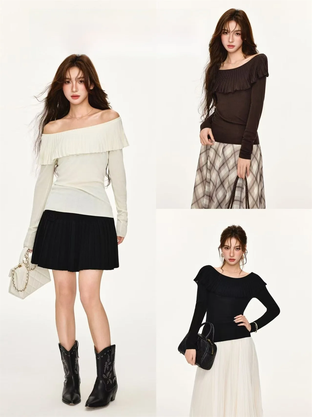 

Chen Fifteen Early Autumn Korean Sle Knitted Long Sve oulder Bared One-oulder Pleated Top Women's Faion Sweater