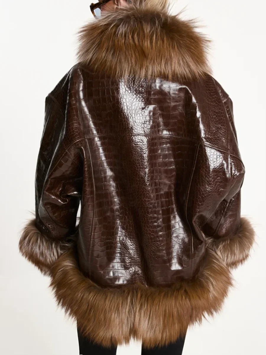 LIMO Women Croc Faux Leather Jacket Big Faux Fur Collar Cuff Open Front Winter Coat