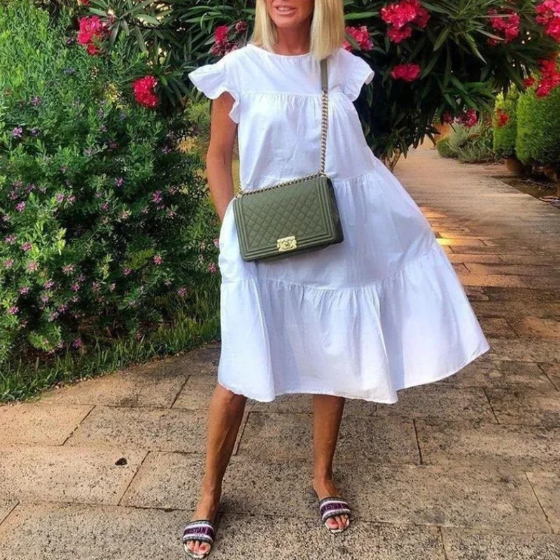 

Women Summer Dress 2024 Casual Loose Short Sleeve Party Dresses Sweet O Neck Ruffled A Line Female Robe Vestidos Dress Oversized