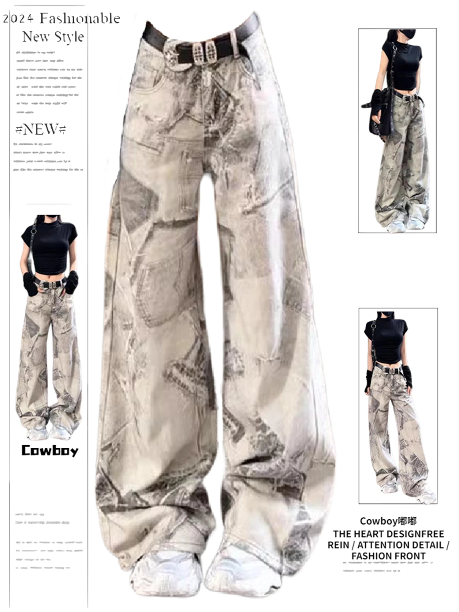 

Y2K Women's High Waist Wide Leg Jeans Light Gray Vintage Art Print Retro Distressed Streetwear Fashion Denim Trousers