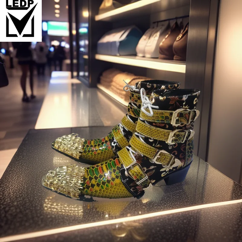 

Spring Men High Heels Boots Iron Head Tip Increase Serpentine Genuine Leather Business Banquet Formal Leather Boots Model Boots