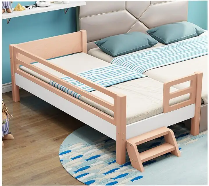 Mixed Colors Solid Wood Beech Single Bed Children Toddler Bed with Ladder Attached Bedroom Furniture