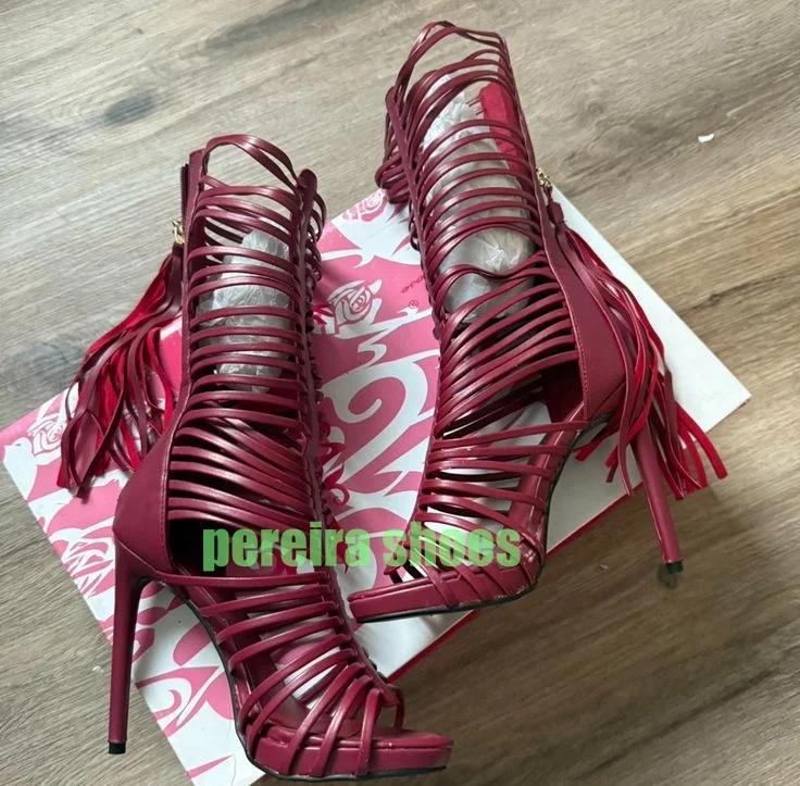 

Lady Red Gladiator Style Hollow Cut-Out Design Sandals Tassel Retro Sexy Runway Pumps Open Toe Zipper Summer Hollow High Heels